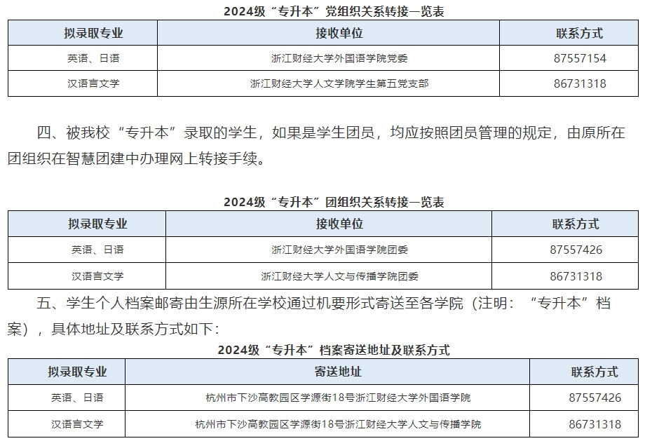 2024年浙江財(cái)經(jīng)大學(xué)專升本新生黨團(tuán)關(guān)系轉(zhuǎn)接、檔案郵寄通知